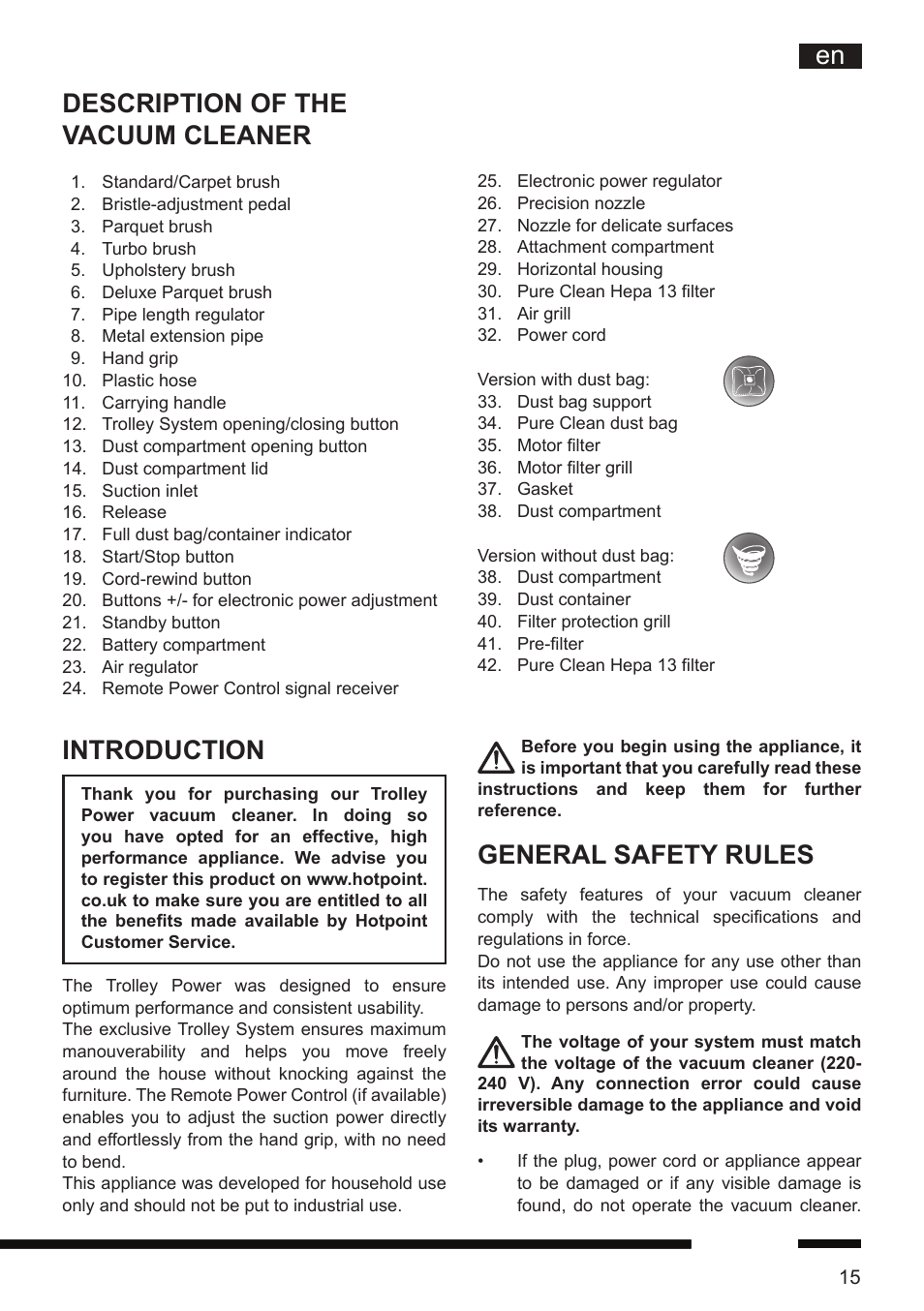 General safety rules, Description of the vacuum cleaner, Introduction | Hotpoint Ariston SL D16 APR User Manual | Page 16 / 86