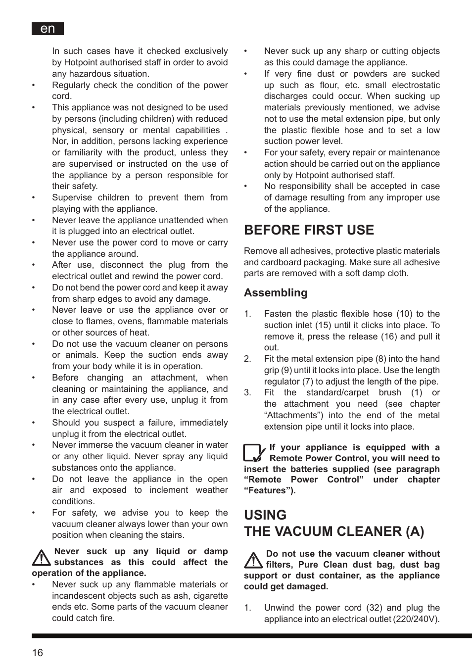 Before first use, Using the vacuum cleaner (a), Assembling | Hotpoint Ariston SL D16 APR User Manual | Page 17 / 86