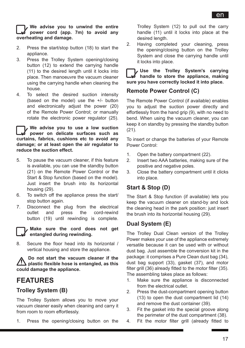 Features, Remote power control (c), Start & stop (d) | Dual system (e), Trolley system (b) | Hotpoint Ariston SL D16 APR User Manual | Page 18 / 86