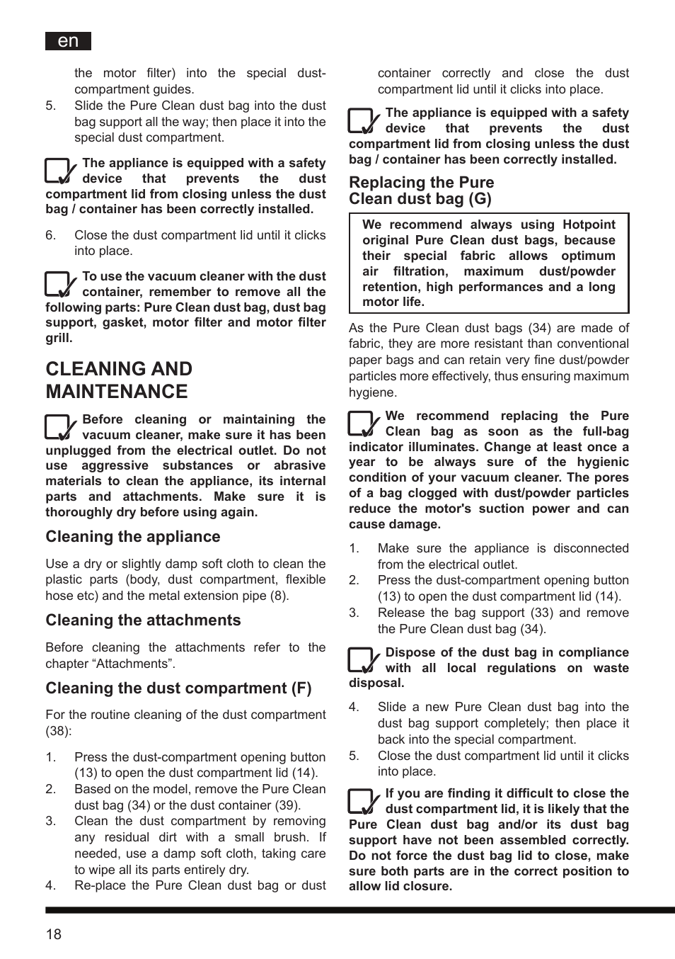 Cleaning and maintenance, Replacing the pure clean dust bag (g), Cleaning the appliance | Cleaning the attachments, Cleaning the dust compartment (f) | Hotpoint Ariston SL D16 APR User Manual | Page 19 / 86