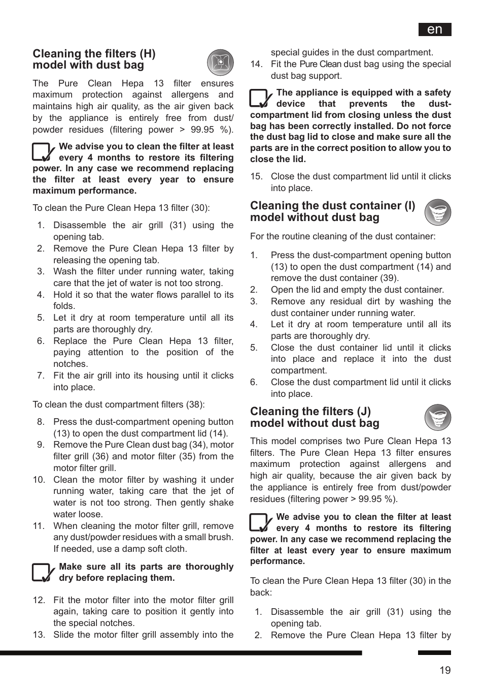 Cleaning the filters (j) model without dust bag, Cleaning the filters (h) model with dust bag | Hotpoint Ariston SL D16 APR User Manual | Page 20 / 86