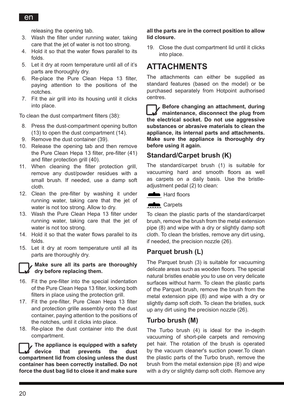 Attachments, Standard/carpet brush (k), Parquet brush (l) | Turbo brush (m) | Hotpoint Ariston SL D16 APR User Manual | Page 21 / 86