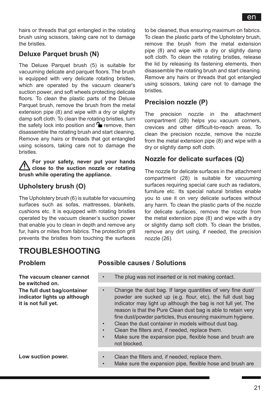 Troubleshooting, Precision nozzle (p), Nozzle for delicate surfaces (q) | Deluxe parquet brush (n), Upholstery brush (o), Problem possible causes / solutions | Hotpoint Ariston SL D16 APR User Manual | Page 22 / 86