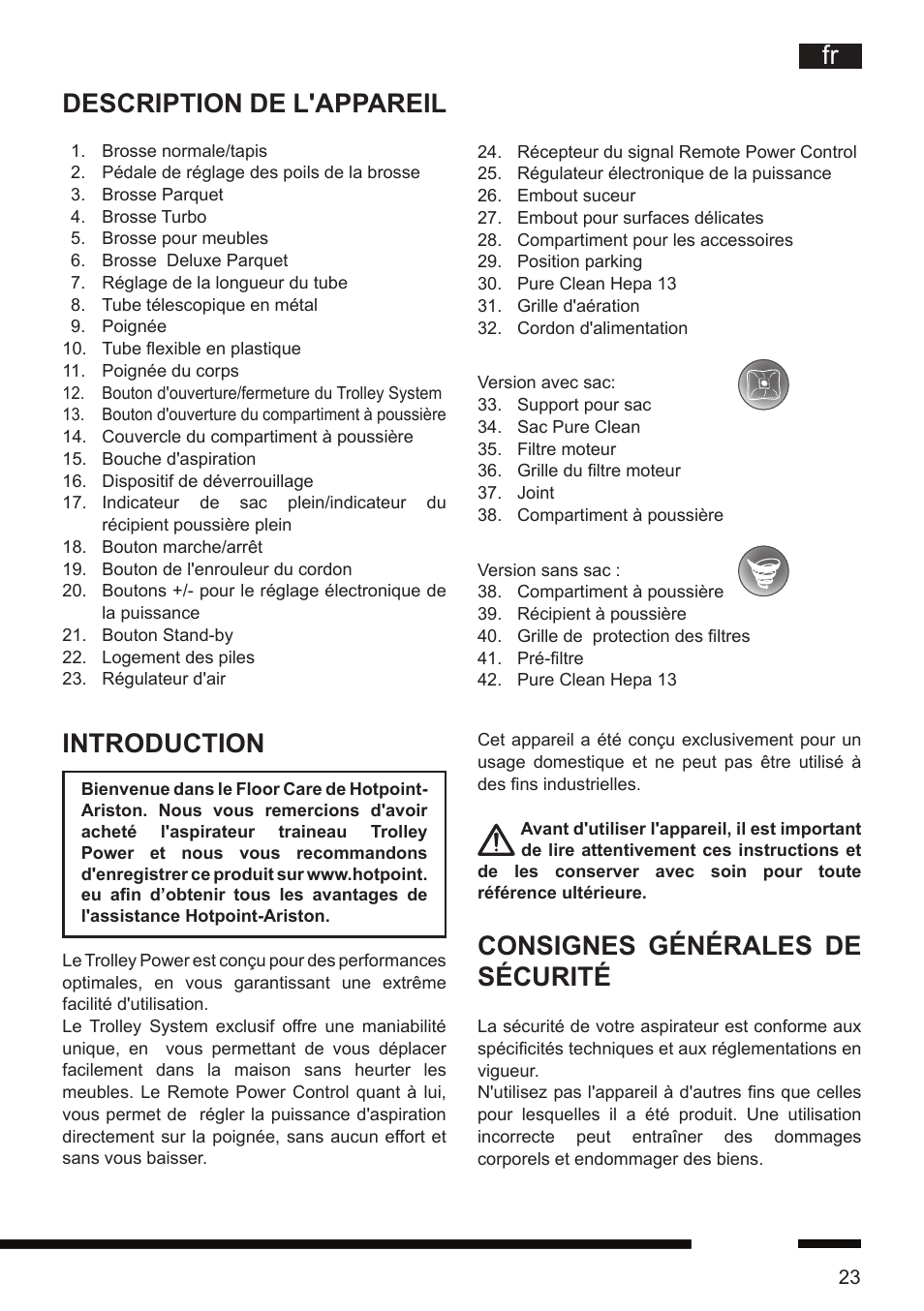 Consignes générales de sécurité, Description de l'appareil, Introduction | Hotpoint Ariston SL D16 APR User Manual | Page 24 / 86