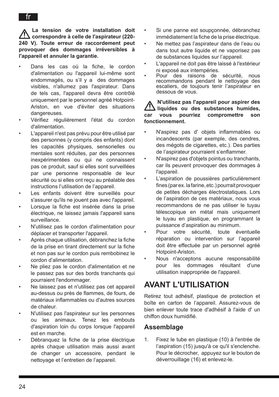 Avant l'utilisation, Assemblage | Hotpoint Ariston SL D16 APR User Manual | Page 25 / 86