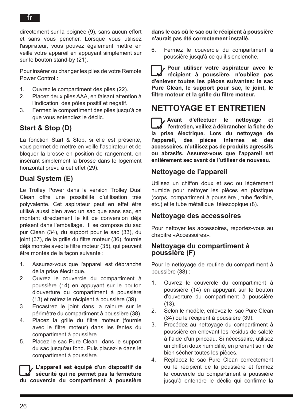 Nettoyage et entretien, Nettoyage de l'appareil, Nettoyage des accessoires | Nettoyage du compartiment à poussière (f), Start & stop (d), Dual system (e) | Hotpoint Ariston SL D16 APR User Manual | Page 27 / 86