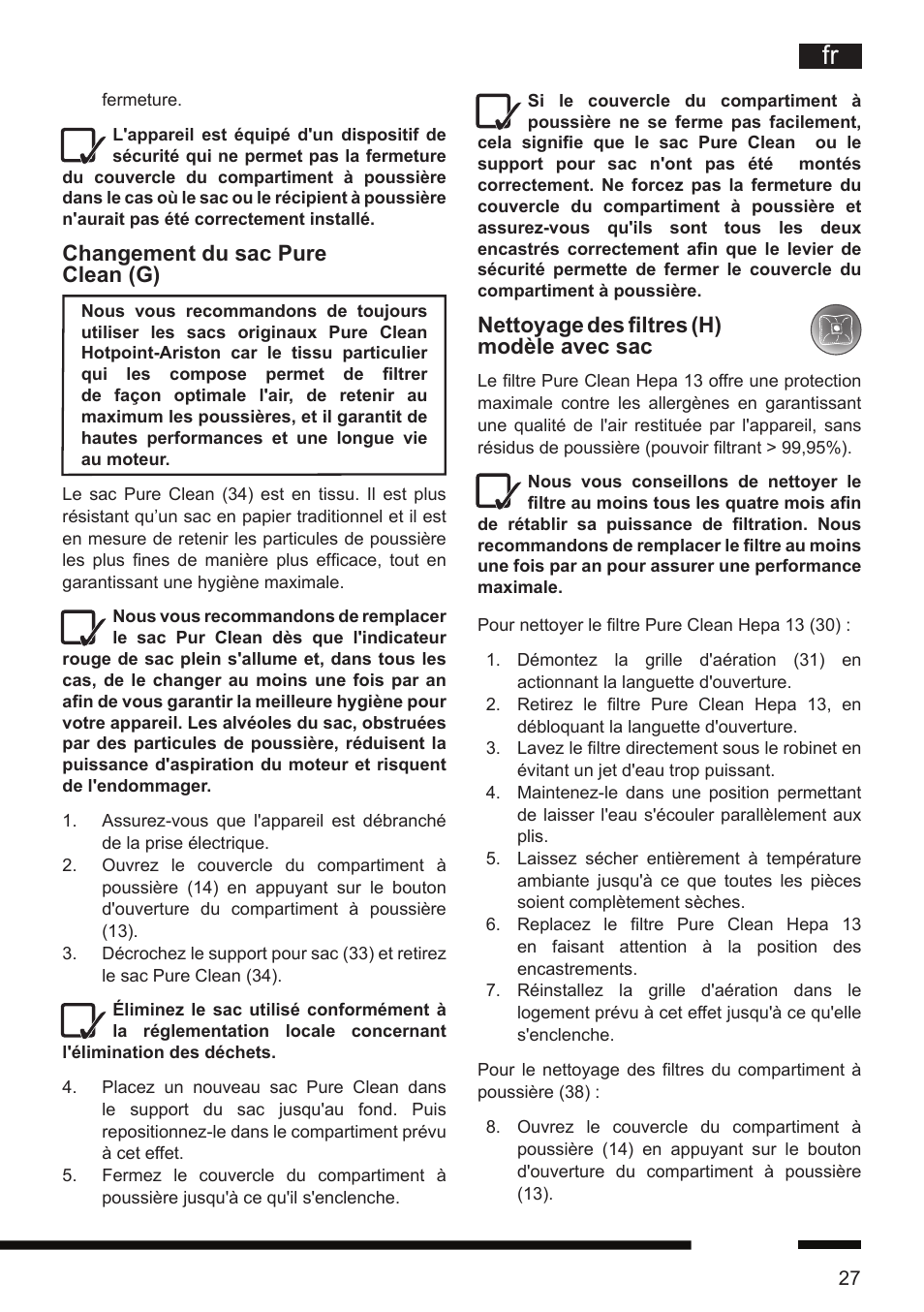 Nettoyage des filtres (h) modèle avec sac, Changement du sac pure clean (g) | Hotpoint Ariston SL D16 APR User Manual | Page 28 / 86