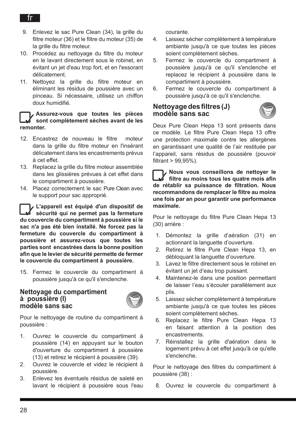 Nettoyage des filtres (j) modèle sans sac | Hotpoint Ariston SL D16 APR User Manual | Page 29 / 86