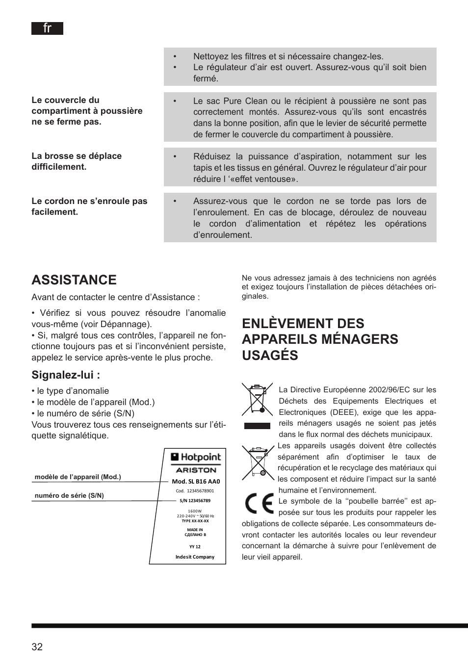 Enlèvement des appareils ménagers usagés, Assistance, Signalez-lui | Hotpoint Ariston SL D16 APR User Manual | Page 33 / 86