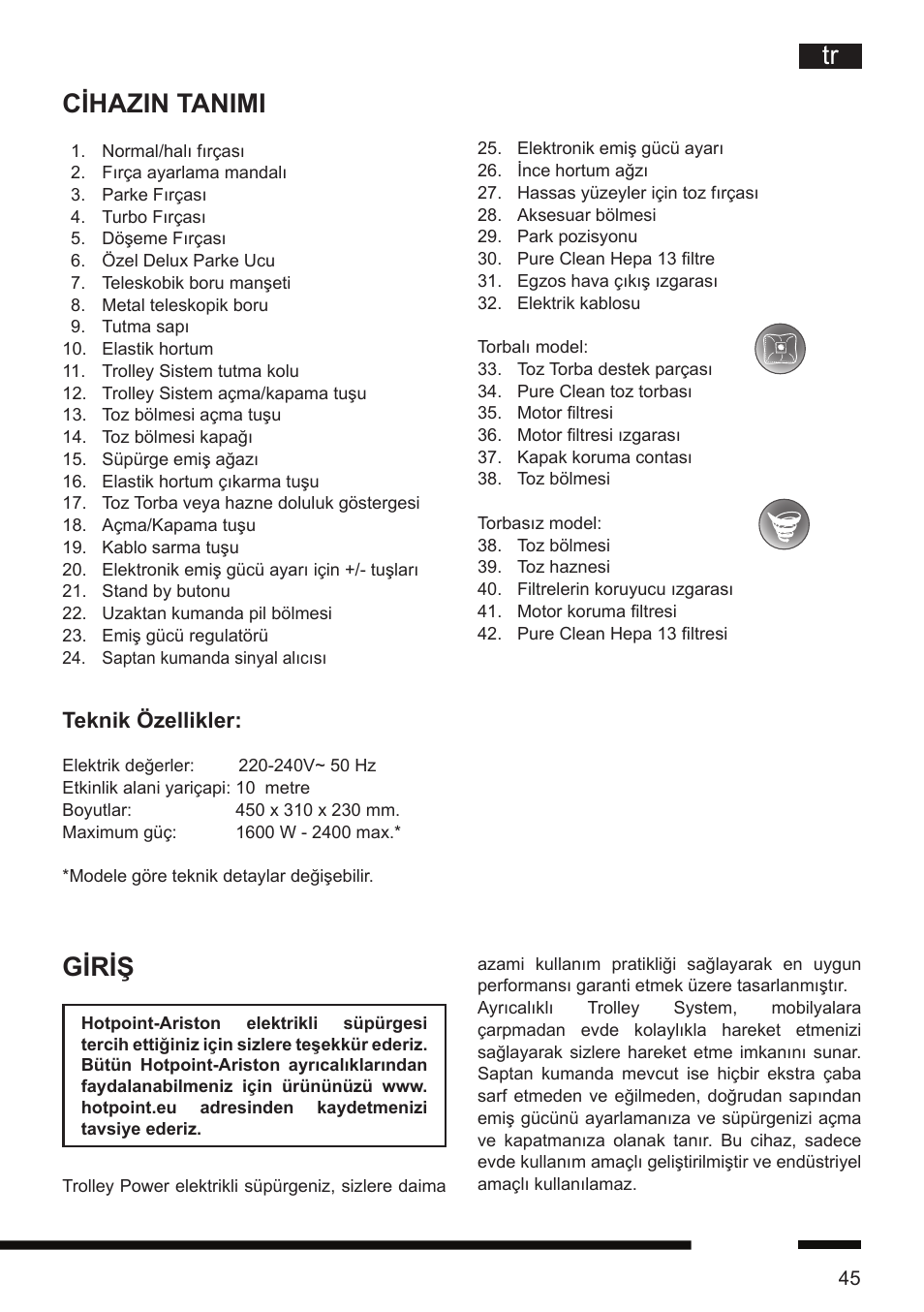 Cihazin tanimi, Giriş, Teknik özellikler | Hotpoint Ariston SL D16 APR User Manual | Page 46 / 86