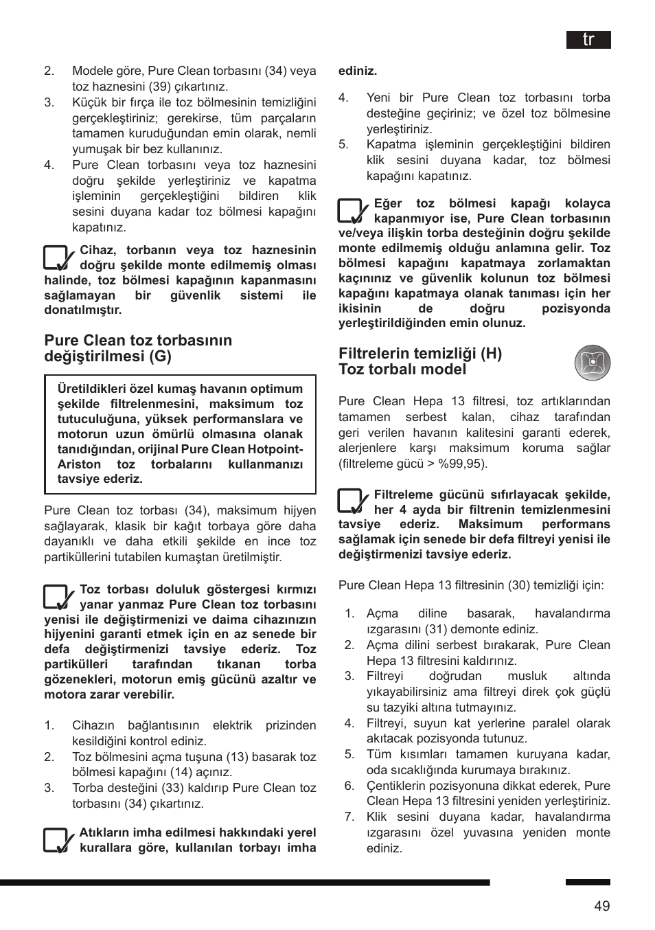 Filtrelerin temizliği (h) toz torbalı model, Pure clean toz torbasının değiştirilmesi (g) | Hotpoint Ariston SL D16 APR User Manual | Page 50 / 86