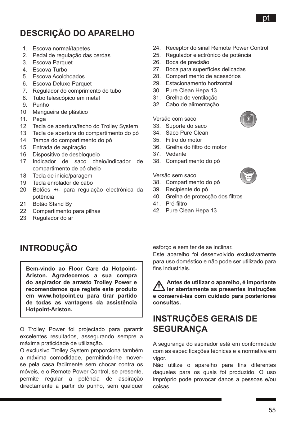 Instruções gerais de segurança, Descrição do aparelho, Introdução | Hotpoint Ariston SL D16 APR User Manual | Page 56 / 86