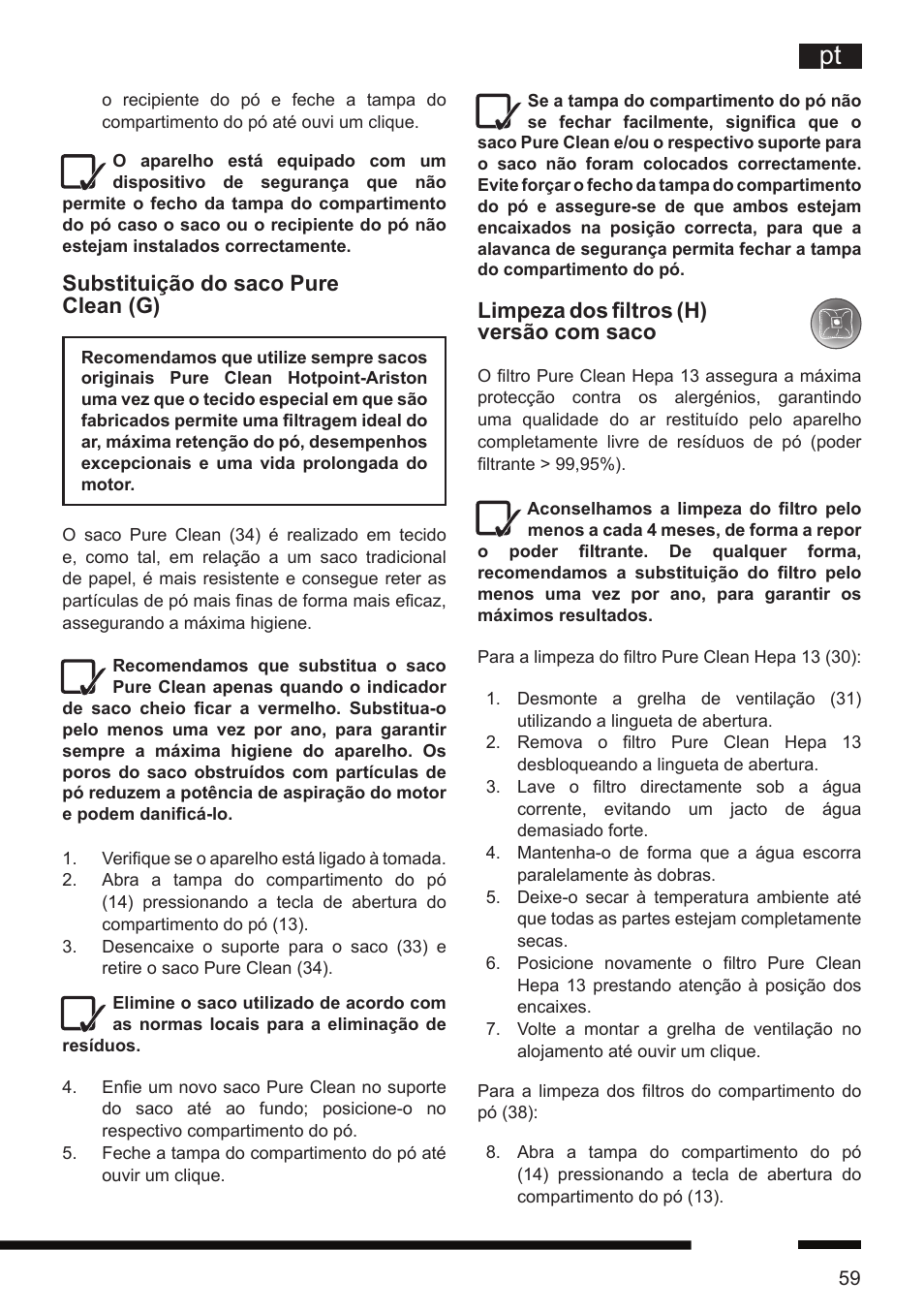 Limpeza dos filtros (h) versão com saco, Substituição do saco pure clean (g) | Hotpoint Ariston SL D16 APR User Manual | Page 60 / 86