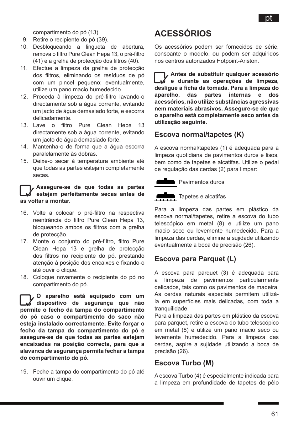 Pt acessórios, Escova normal/tapetes (k), Escova para parquet (l) | Escova turbo (m) | Hotpoint Ariston SL D16 APR User Manual | Page 62 / 86
