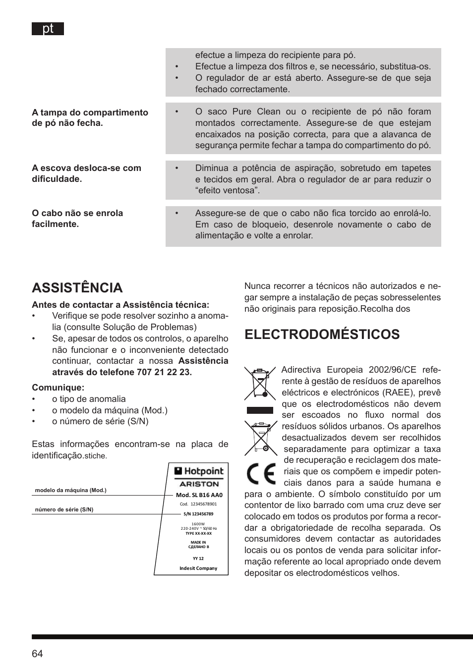 Pt assistência, Electrodomésticos | Hotpoint Ariston SL D16 APR User Manual | Page 65 / 86