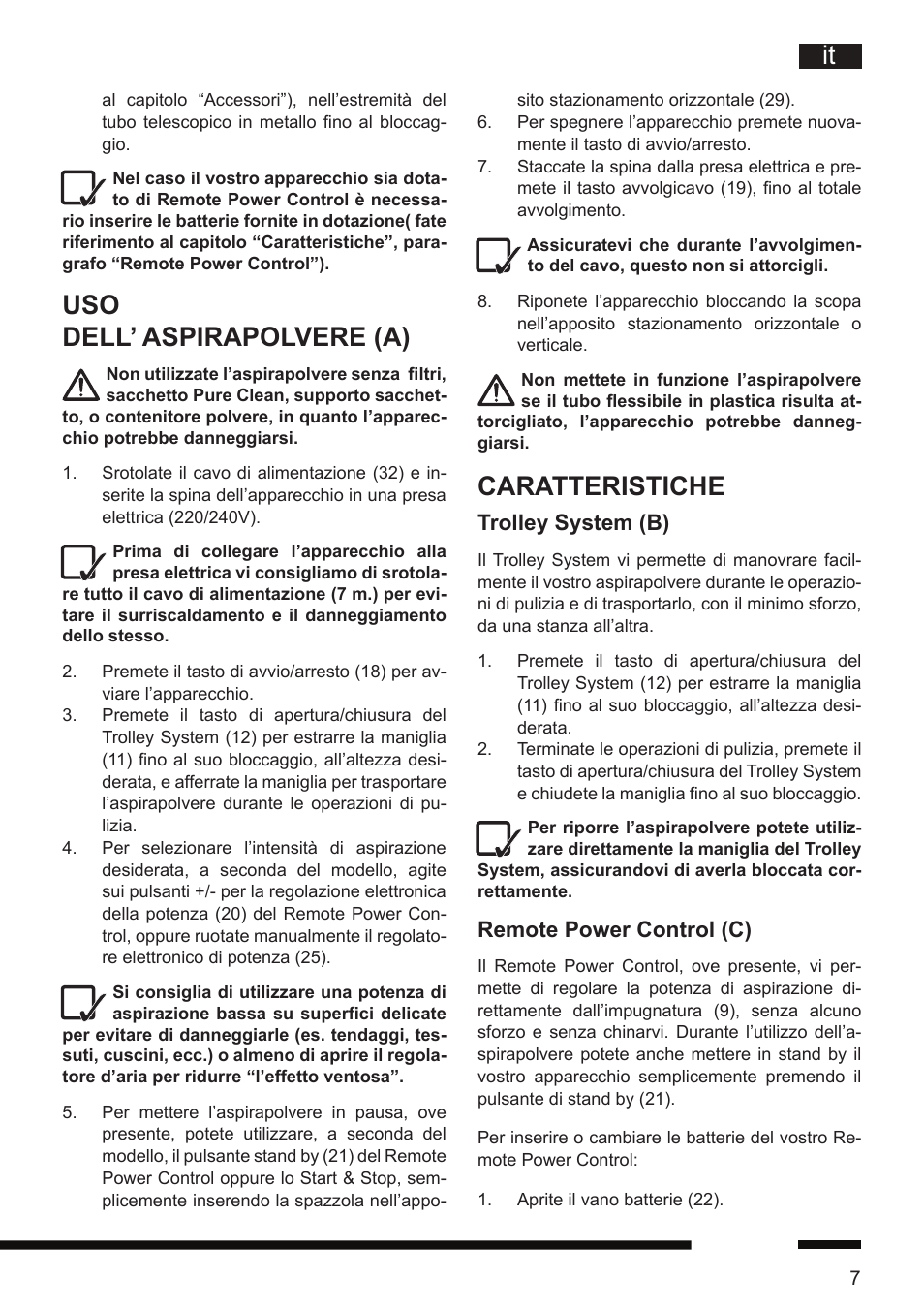 Caratteristiche, Uso dell’ aspirapolvere (a), Trolley system (b) | Remote power control (c) | Hotpoint Ariston SL D16 APR User Manual | Page 8 / 86