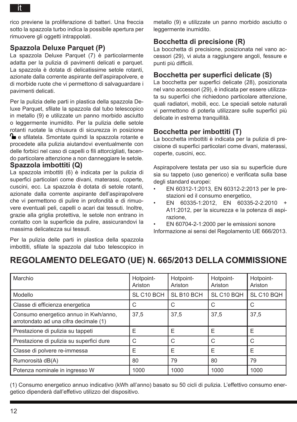 Spazzola deluxe parquet (p), Spazzola imbottiti (q), Bocchetta di precisione (r) | Bocchetta per superfici delicate (s), Bocchetta per imbottiti (t) | Hotpoint Ariston SL C10 BCH User Manual | Page 12 / 100