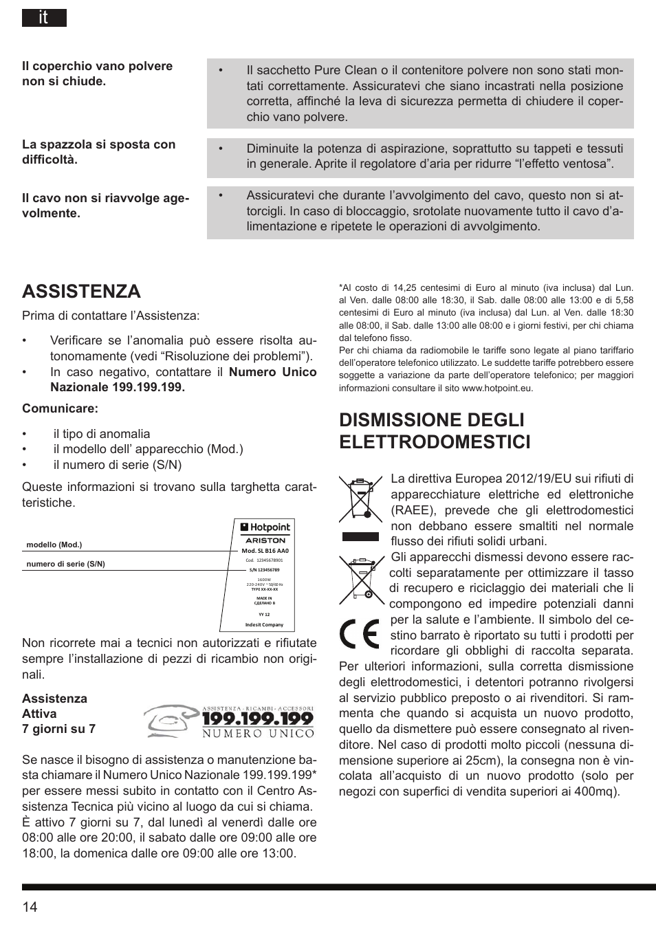 Assistenza, Dismissione degli elettrodomestici | Hotpoint Ariston SL C10 BCH User Manual | Page 14 / 100