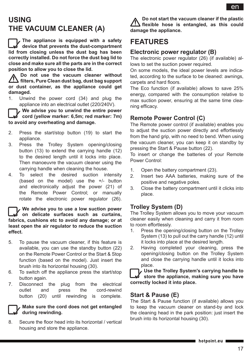 It en, Features, Using the vacuum cleaner (a) | Hotpoint Ariston SL C10 BCH User Manual | Page 17 / 100