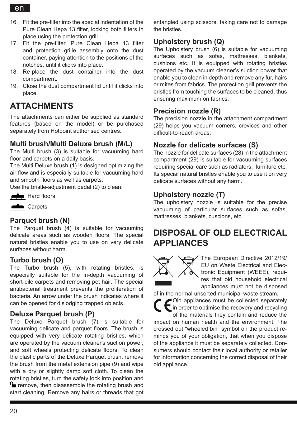 It en, Disposal of old electrical appliances, Attachments | Hotpoint Ariston SL C10 BCH User Manual | Page 20 / 100