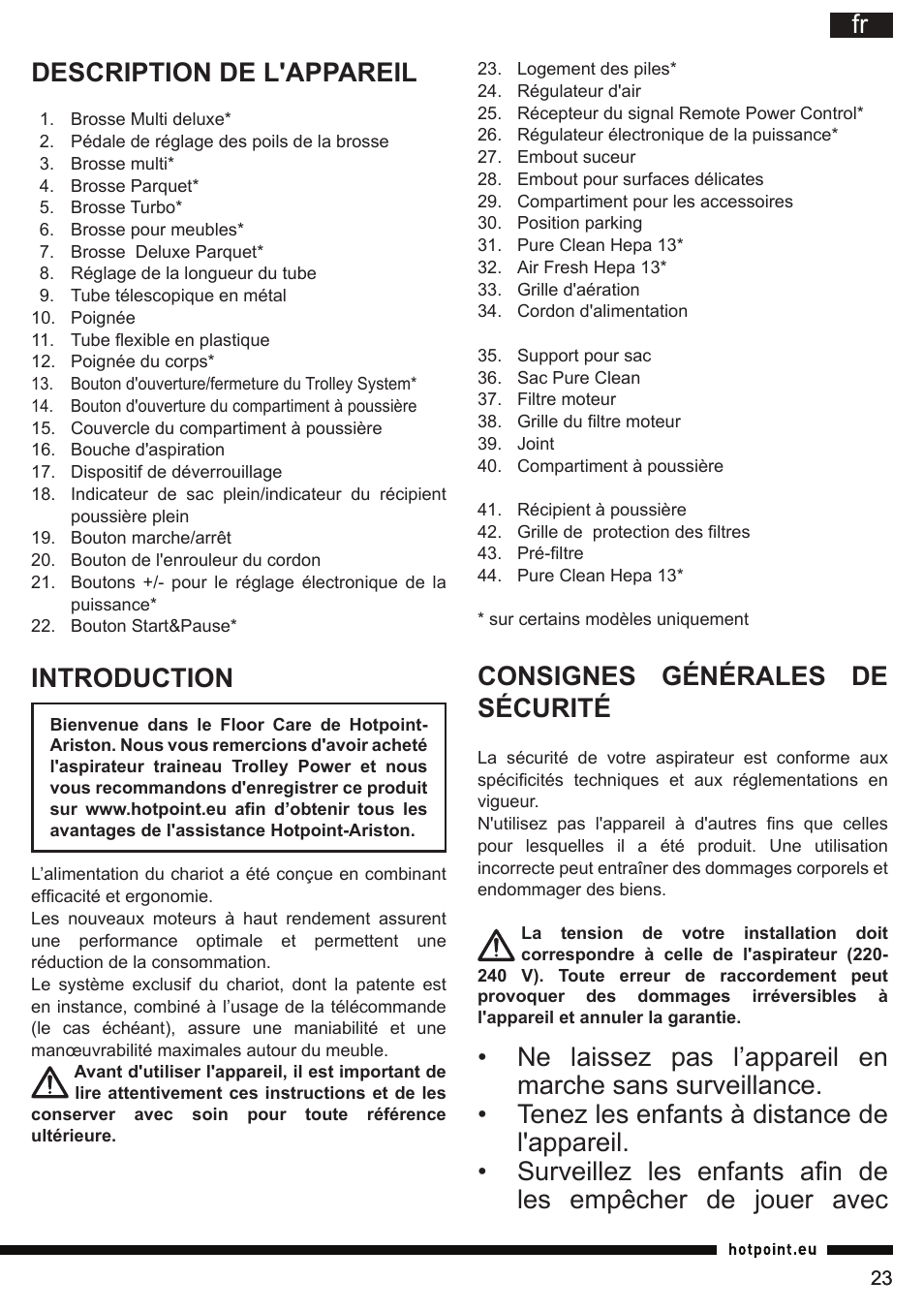 Fr consignes générales de sécurité, Introduction | Hotpoint Ariston SL C10 BCH User Manual | Page 23 / 100