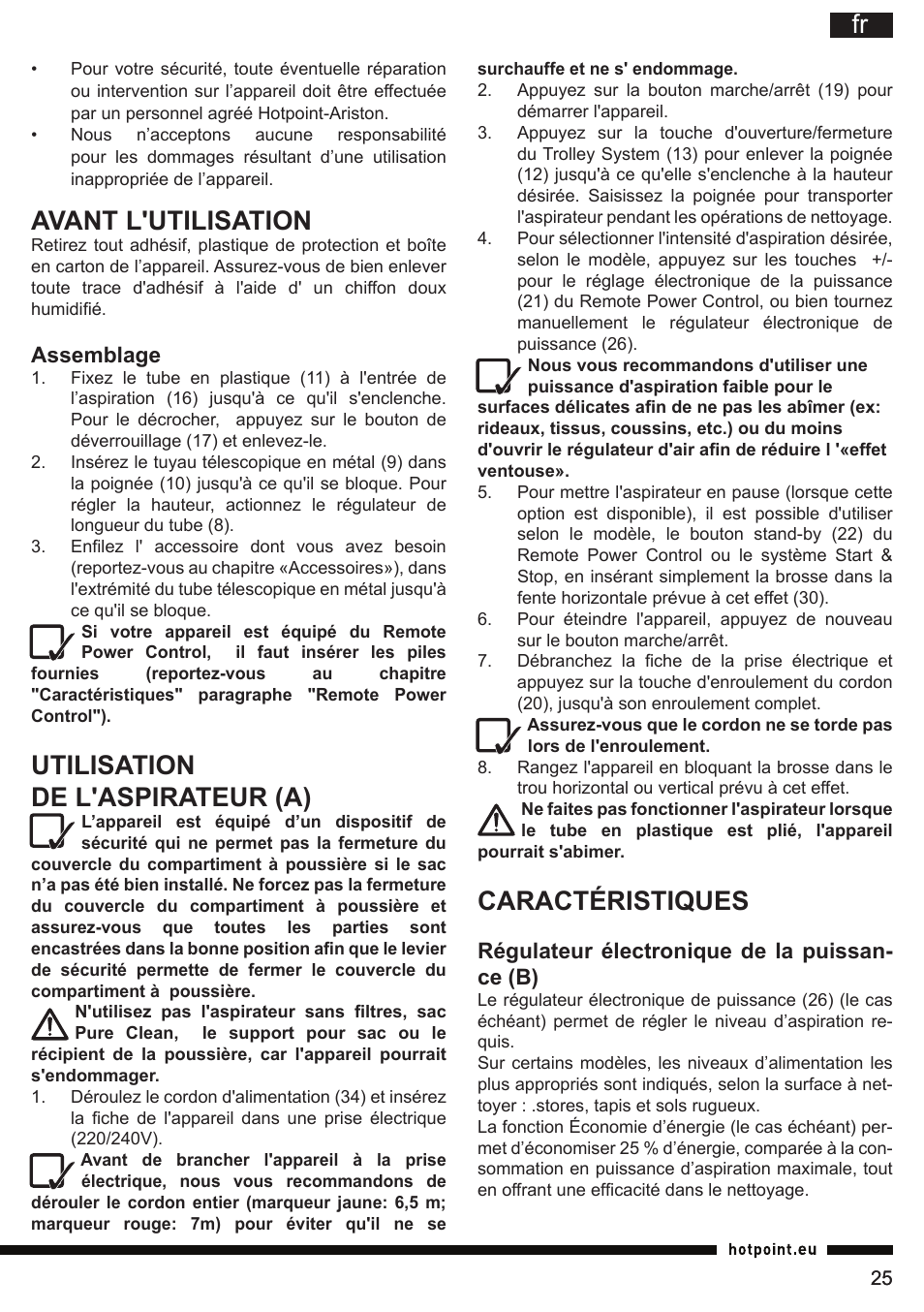 Avant l'utilisation, Utilisation de l'aspirateur (a), Caractéristiques | Hotpoint Ariston SL C10 BCH User Manual | Page 25 / 100