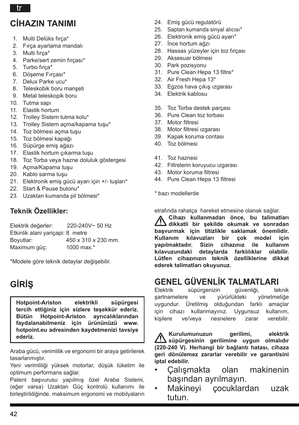 Genel güvenlik talmatlari, Giriş | Hotpoint Ariston SL C10 BCH User Manual | Page 42 / 100