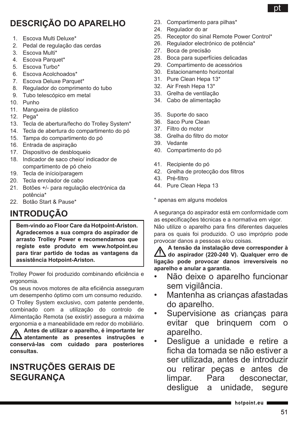 Introdução, Instruções gerais de segurança | Hotpoint Ariston SL C10 BCH User Manual | Page 51 / 100