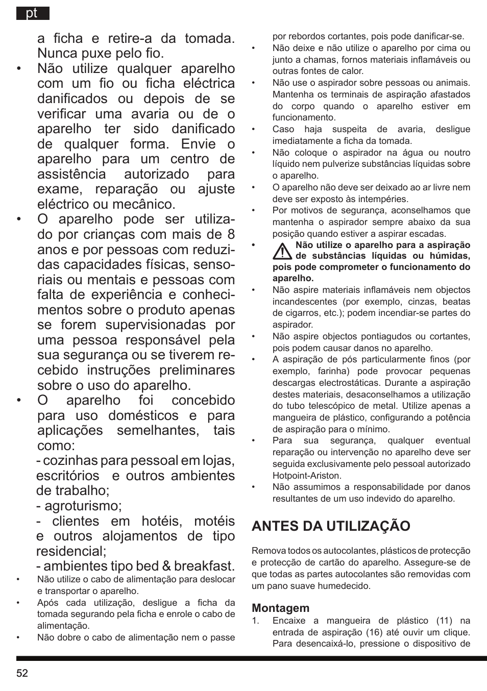 Antes da utilização | Hotpoint Ariston SL C10 BCH User Manual | Page 52 / 100