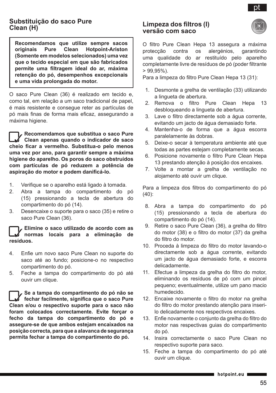 Limpeza dos filtros (i) versão com saco, Substituição do saco pure clean (h) | Hotpoint Ariston SL C10 BCH User Manual | Page 55 / 100