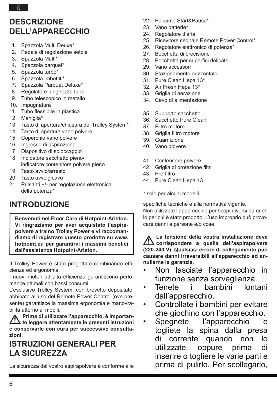 Introduzione, Istruzioni generali per la sicurezza | Hotpoint Ariston SL C10 BCH User Manual | Page 6 / 100