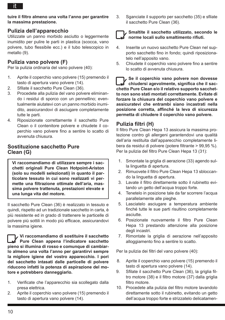 Pulizia filtri (h), Pulizia dell’apparecchio, Pulizia vano polvere (f) | Sostituzione sacchetto pure clean (g) | Hotpoint Ariston SL B10 BDB User Manual | Page 10 / 84