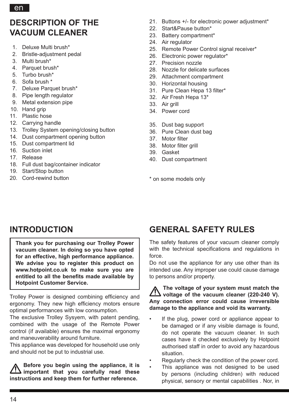 It en general safety rules, Description of the vacuum cleaner, Introduction | Hotpoint Ariston SL B10 BDB User Manual | Page 14 / 84