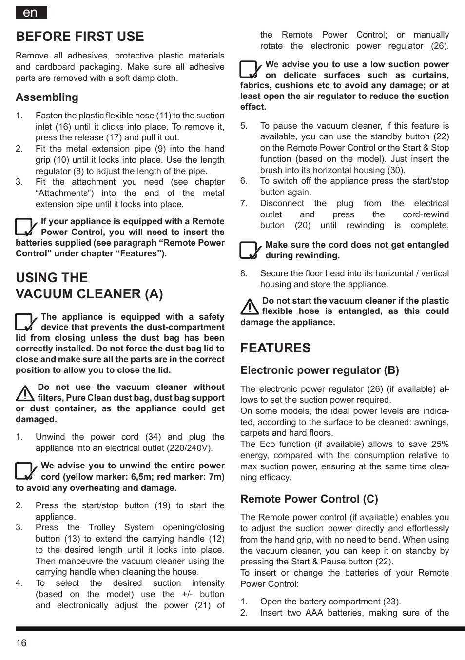 It en, Features, Before first use | Using the vacuum cleaner (a) | Hotpoint Ariston SL B10 BDB User Manual | Page 16 / 84