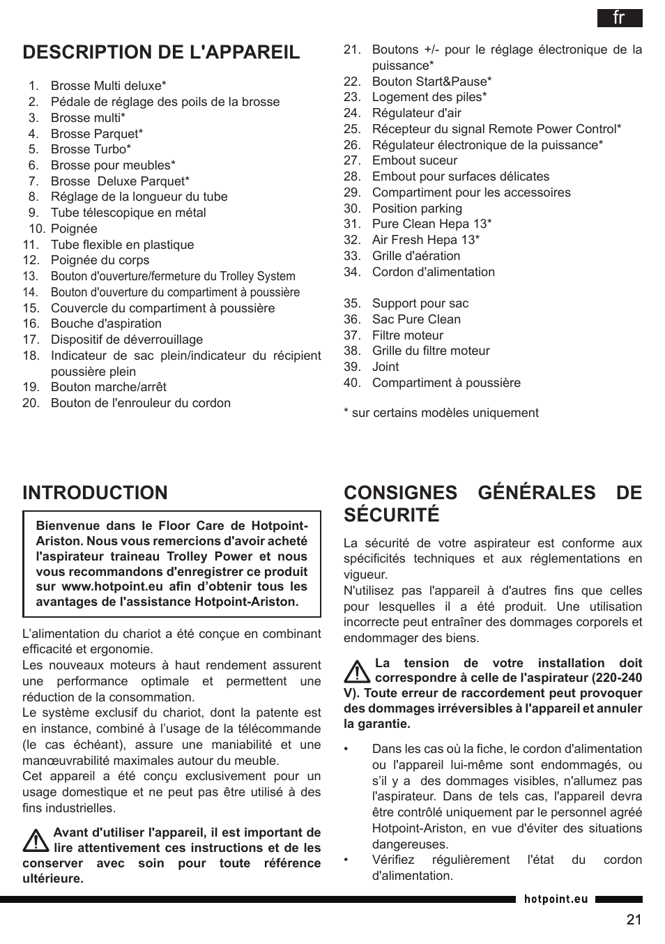Fr consignes générales de sécurité, Description de l'appareil, Introduction | Hotpoint Ariston SL B10 BDB User Manual | Page 21 / 84