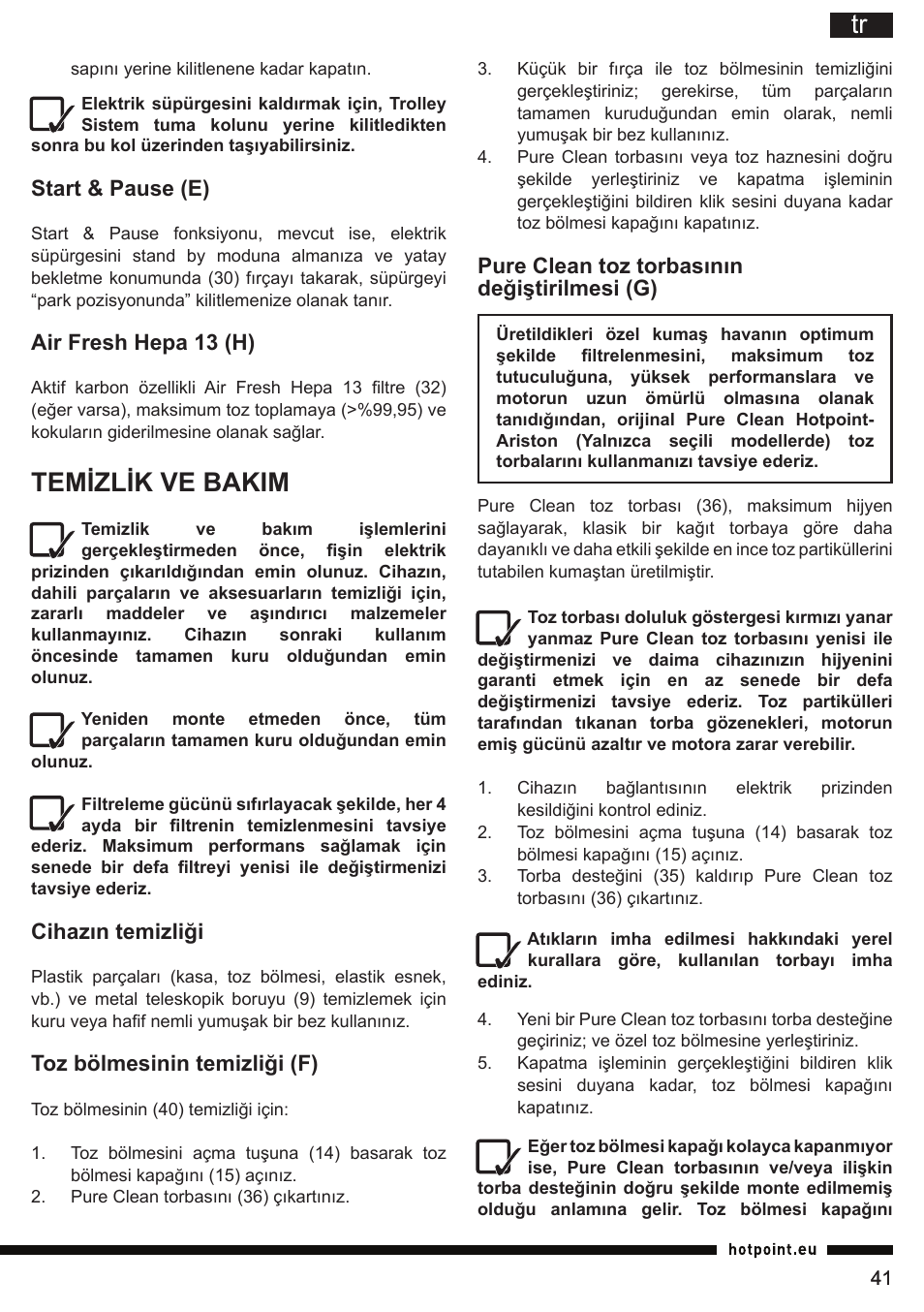 Temizlik ve bakim | Hotpoint Ariston SL B10 BDB User Manual | Page 41 / 84