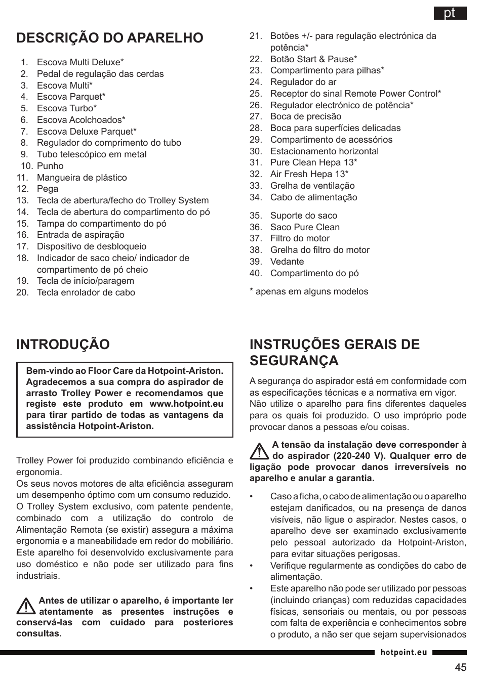 Pt instruções gerais de segurança, Descrição do aparelho, Introdução | Hotpoint Ariston SL B10 BDB User Manual | Page 45 / 84