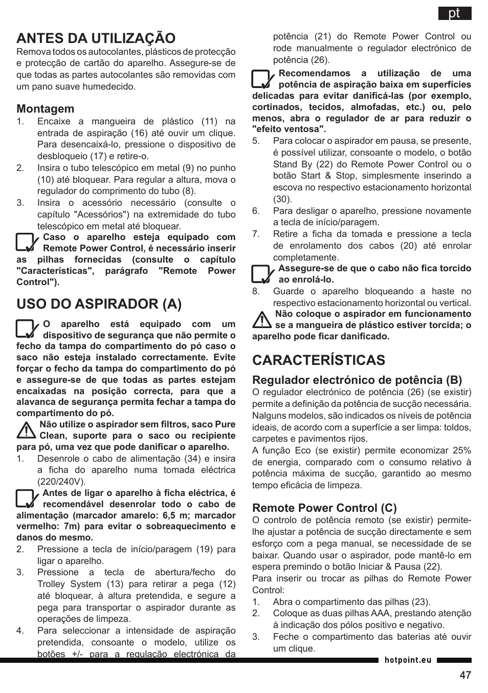 Características, Antes da utilização, Uso do aspirador (a) | Hotpoint Ariston SL B10 BDB User Manual | Page 47 / 84