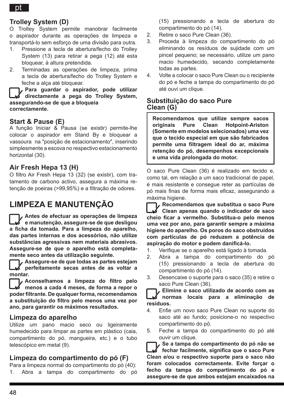 Limpeza e manutenção | Hotpoint Ariston SL B10 BDB User Manual | Page 48 / 84
