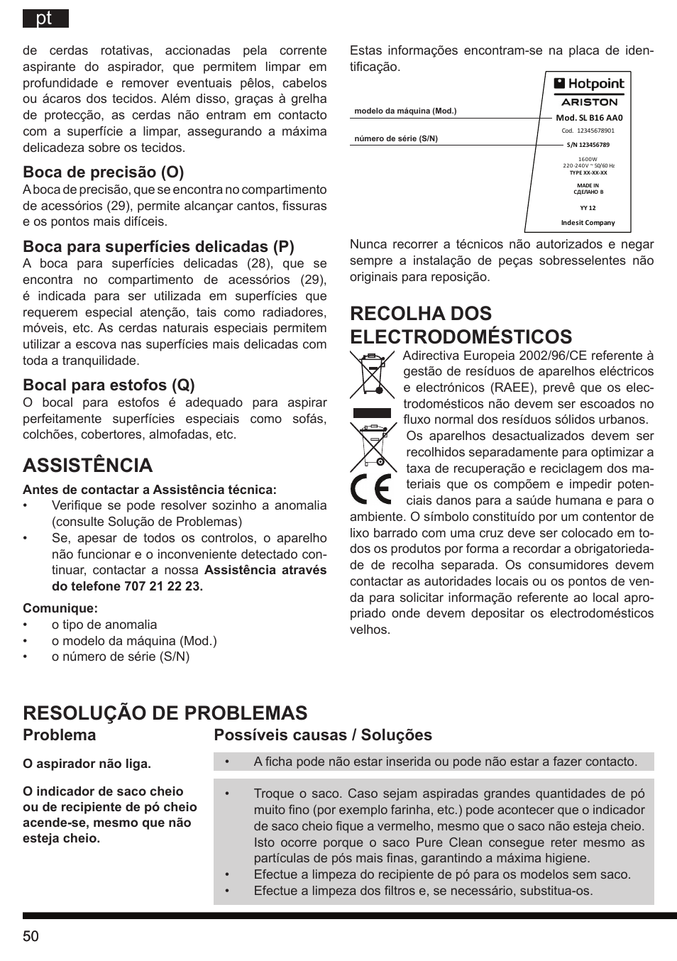 Recolha dos electrodomésticos, Assistência, Resolução de problemas | Boca de precisão (o), Boca para superfícies delicadas (p), Bocal para estofos (q), Problema possíveis causas / soluções | Hotpoint Ariston SL B10 BDB User Manual | Page 50 / 84
