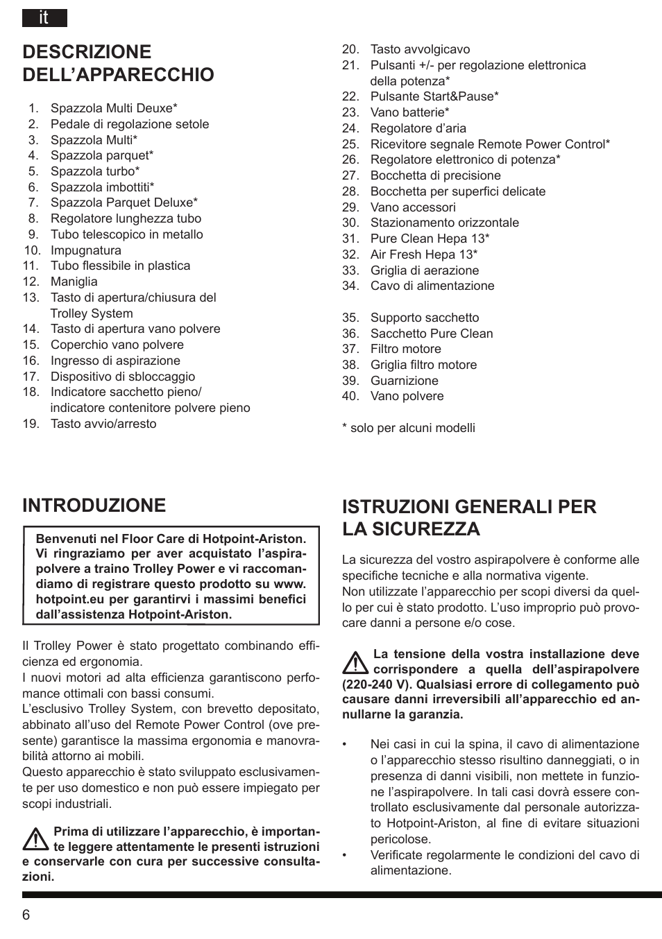 It istruzioni generali per la sicurezza, Descrizione dell’apparecchio, Introduzione | Hotpoint Ariston SL B10 BDB User Manual | Page 6 / 84