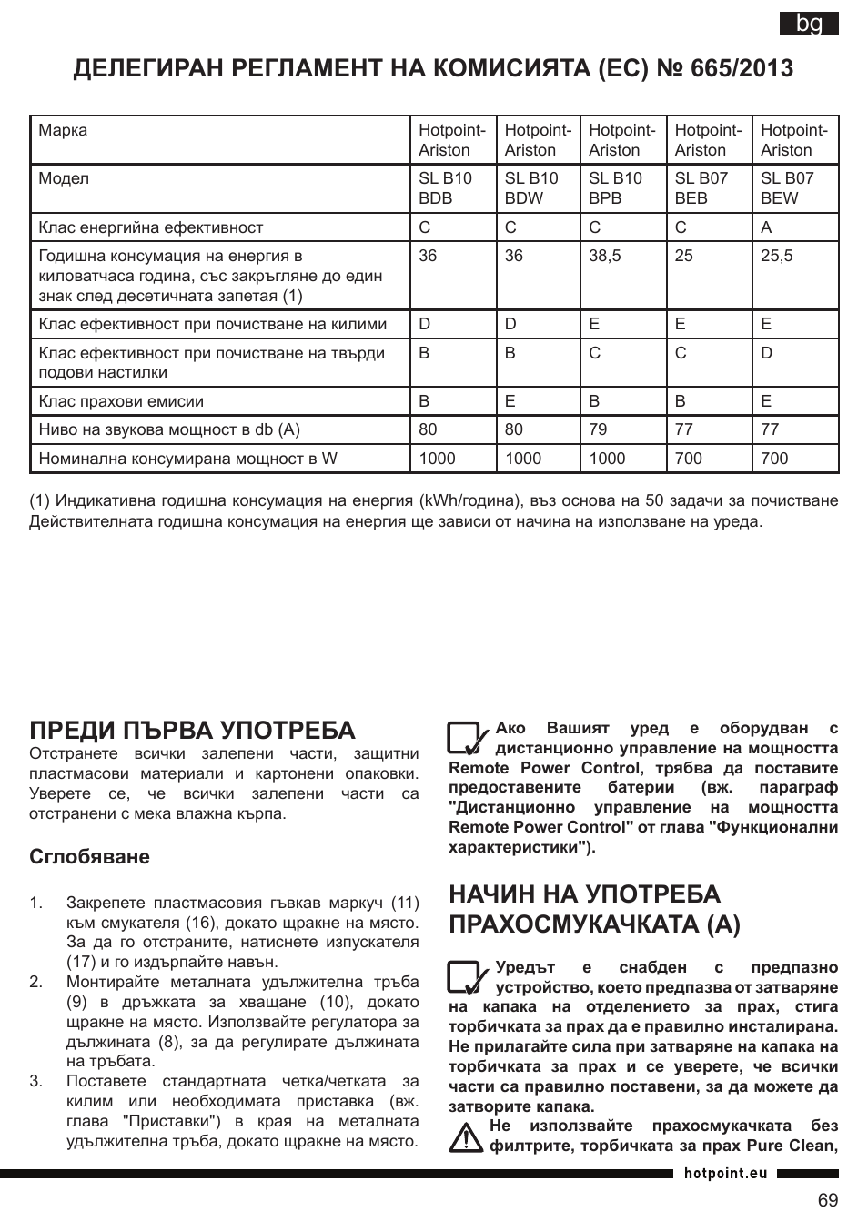 Начин на употреба прахосмукачката (а), Преди първа употреба, Сглобяване | Hotpoint Ariston SL B10 BDB User Manual | Page 69 / 84