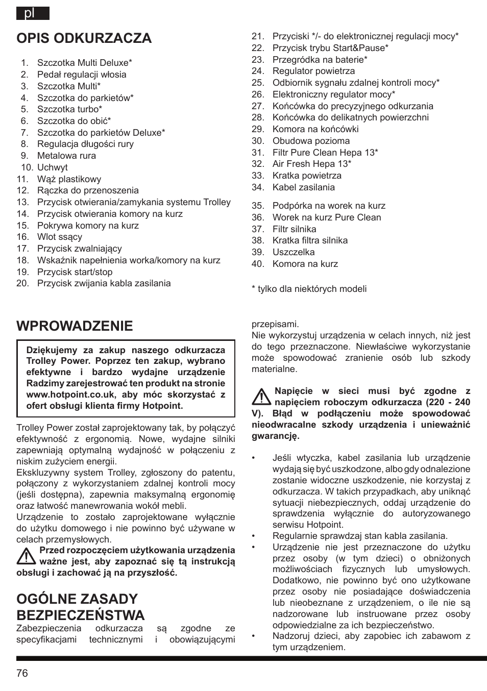 It pl, Opis odkurzacza, Wprowadzenie | Ogólne zasady bezpieczeństwa | Hotpoint Ariston SL B10 BDB User Manual | Page 76 / 84