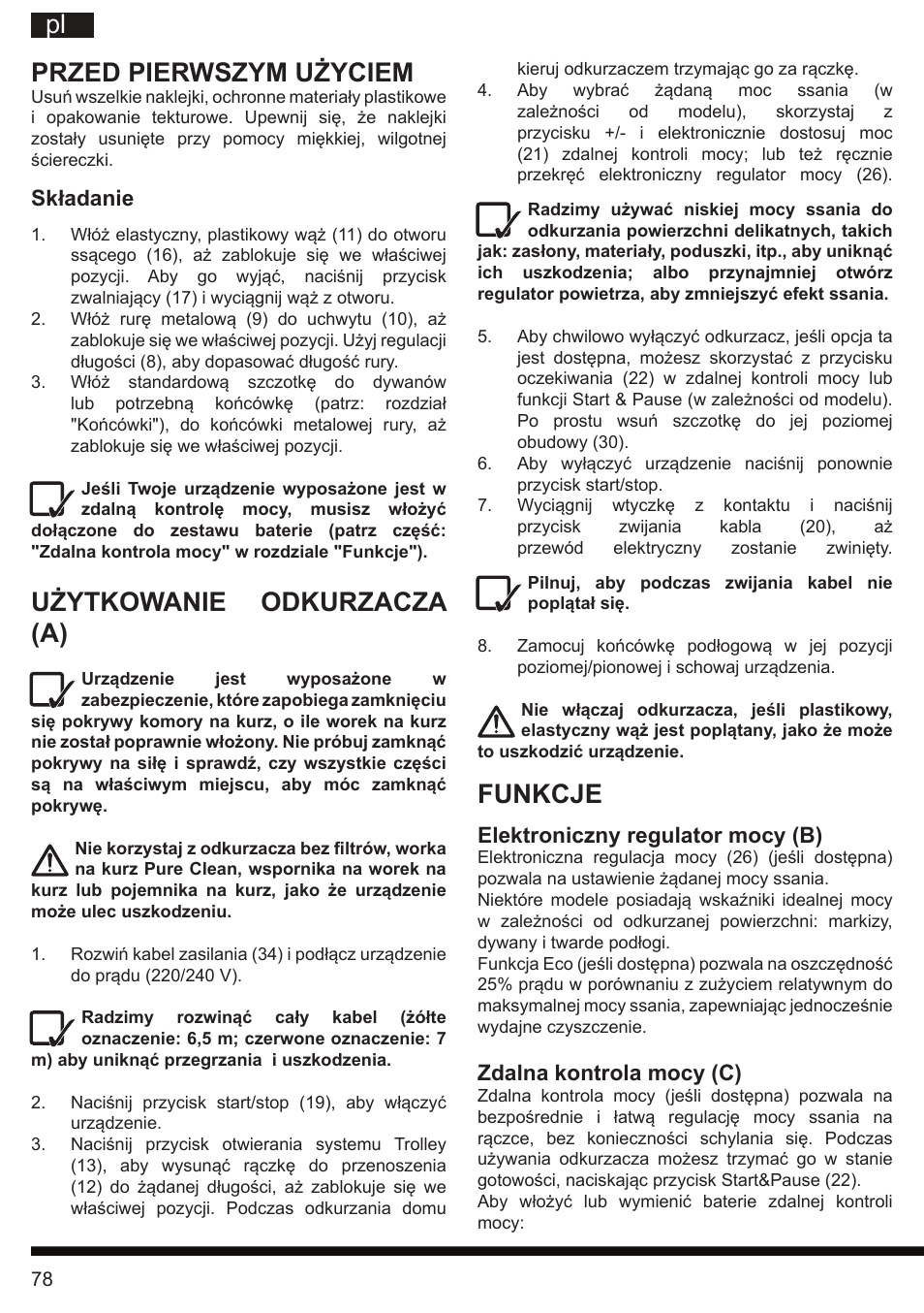 It pl, Funkcje, Przed pierwszym użyciem | Użytkowanie odkurzacza (a) | Hotpoint Ariston SL B10 BDB User Manual | Page 78 / 84