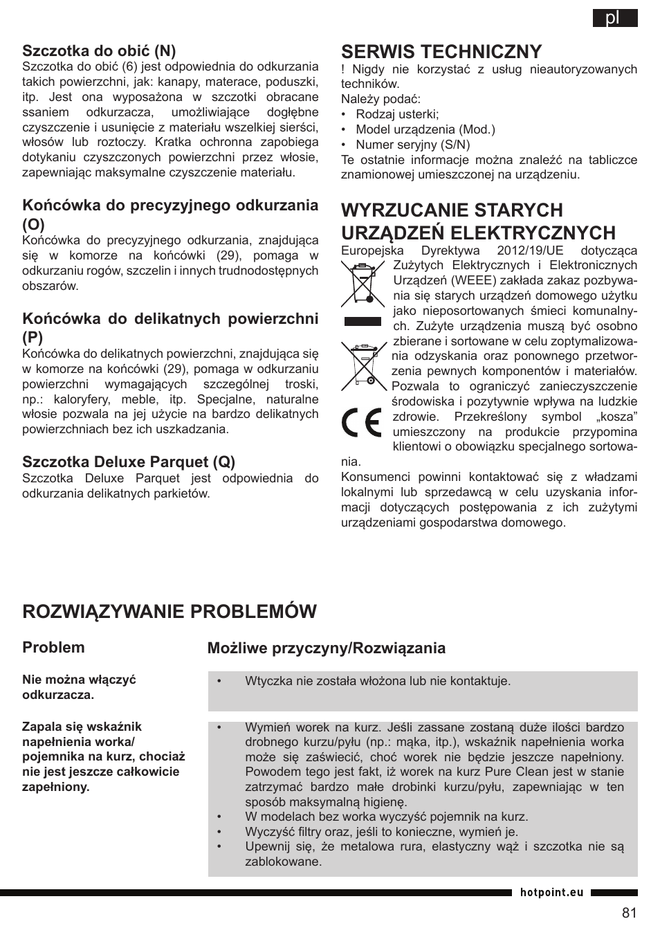 It pl serwis techniczny, Wyrzucanie starych urządzeń elektrycznych, Rozwiązywanie problemów | Hotpoint Ariston SL B10 BDB User Manual | Page 81 / 84