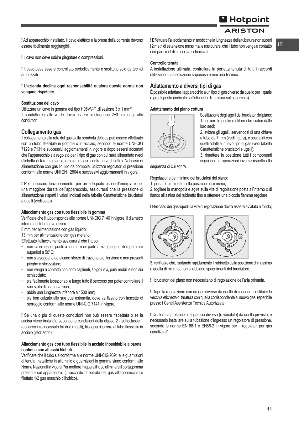 Collegamento gas, Adattamento a diversi tipi di gas | Hotpoint Ariston CP97SG1 /HA S User Manual | Page 11 / 52
