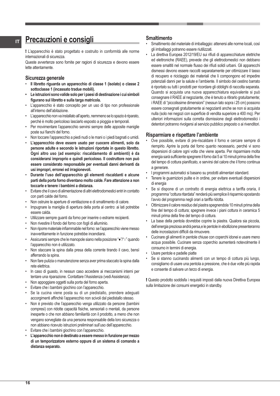 Precauzioni e consigli, Sicurezza generale, Smaltimento | Risparmiare e rispettare l’ambiente | Hotpoint Ariston CP97SG1 /HA S User Manual | Page 16 / 52