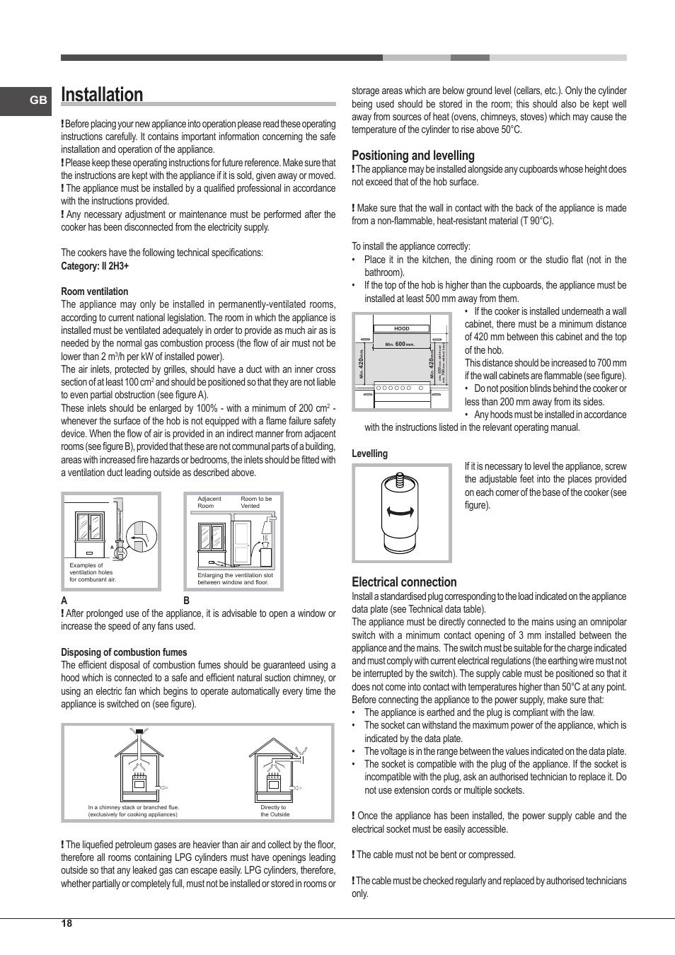 Installation, Positioning and levelling, Electrical connection | Hotpoint Ariston CP97SG1 /HA S User Manual | Page 18 / 52