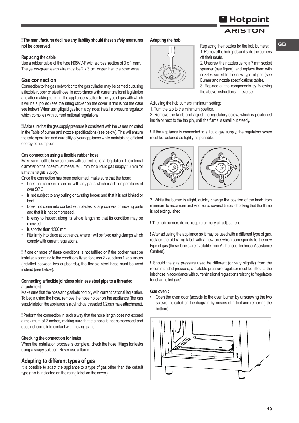 Gas connection, Adapting to different types of gas | Hotpoint Ariston CP97SG1 /HA S User Manual | Page 19 / 52