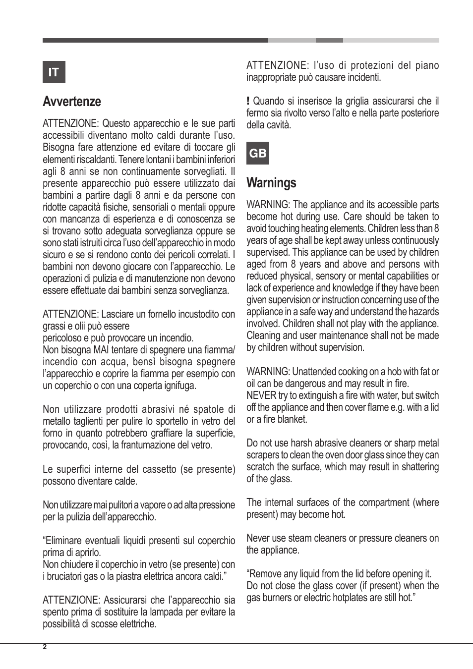 Avvertenze, Warnings | Hotpoint Ariston CP97SG1 /HA S User Manual | Page 2 / 52
